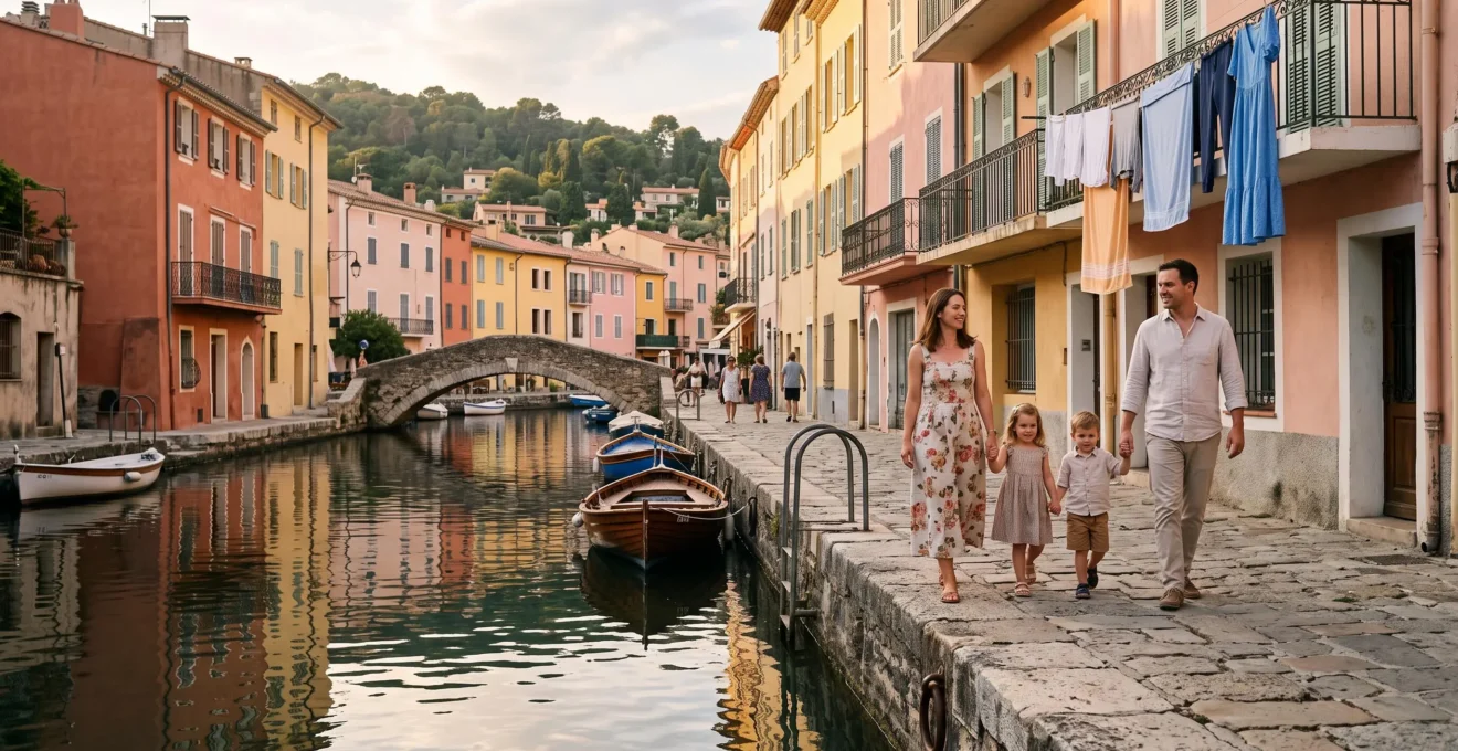 Une famille avec deux jeunes enfants marche le long d'un canal à Port Grimaud.
