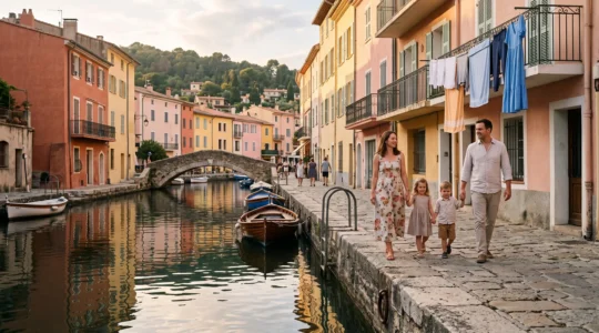Une famille avec deux jeunes enfants marche le long d'un canal à Port Grimaud.
