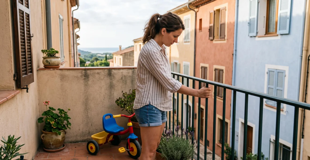Une mère vérifie la solidité du garde-corps d'un balcon d'appartement de vacances.