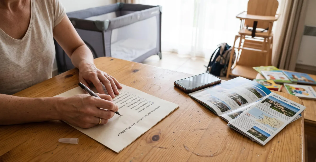 Des mains de parents cochent une liste de vérifications sur une table d'appartement.